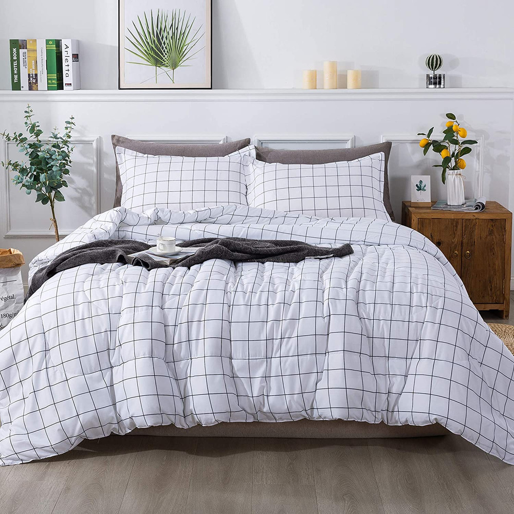 Andency White Grid Comforter Queen, 3 Pieces White Plaid‎ Comforter Set